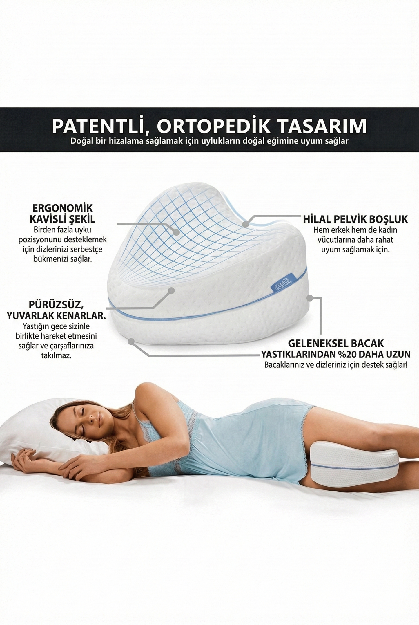 Visiora™ Comfortly Visco Bacak Arası Uyku Yastığı Versiyon 1 (Beyaz)