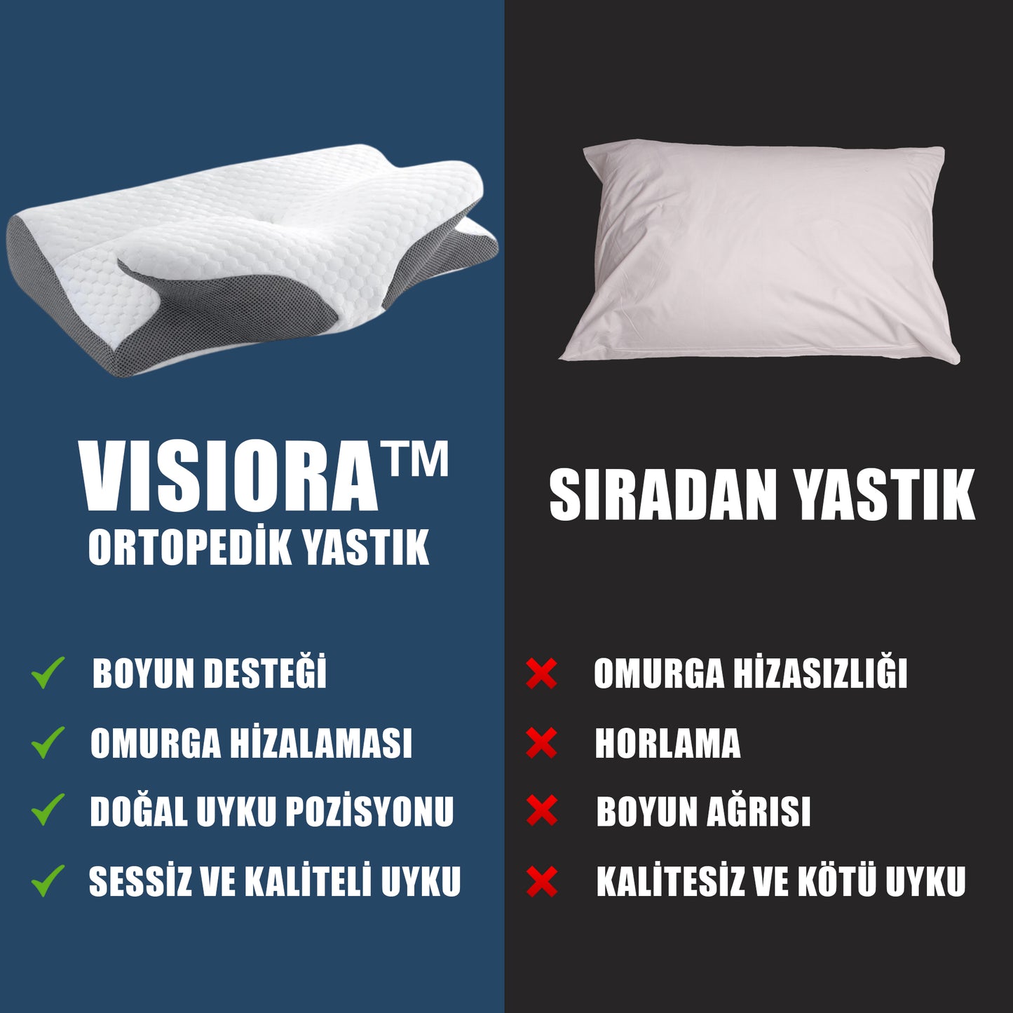 Visiora™ Premium Ortopedik Boyun ve Omurga Destekli Uyku Yastığı